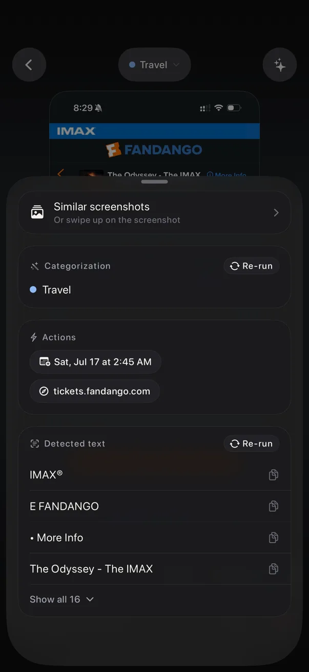 Actions for a movie ticket: the showtime and the ticket link