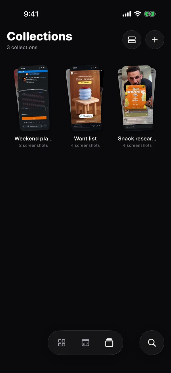 Collections as cards: Weekend plans, Want list, Snack research