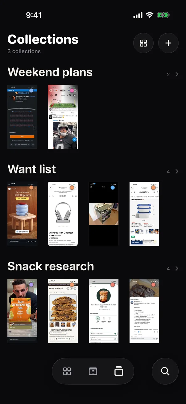 Collections as strips, each showing its screenshots