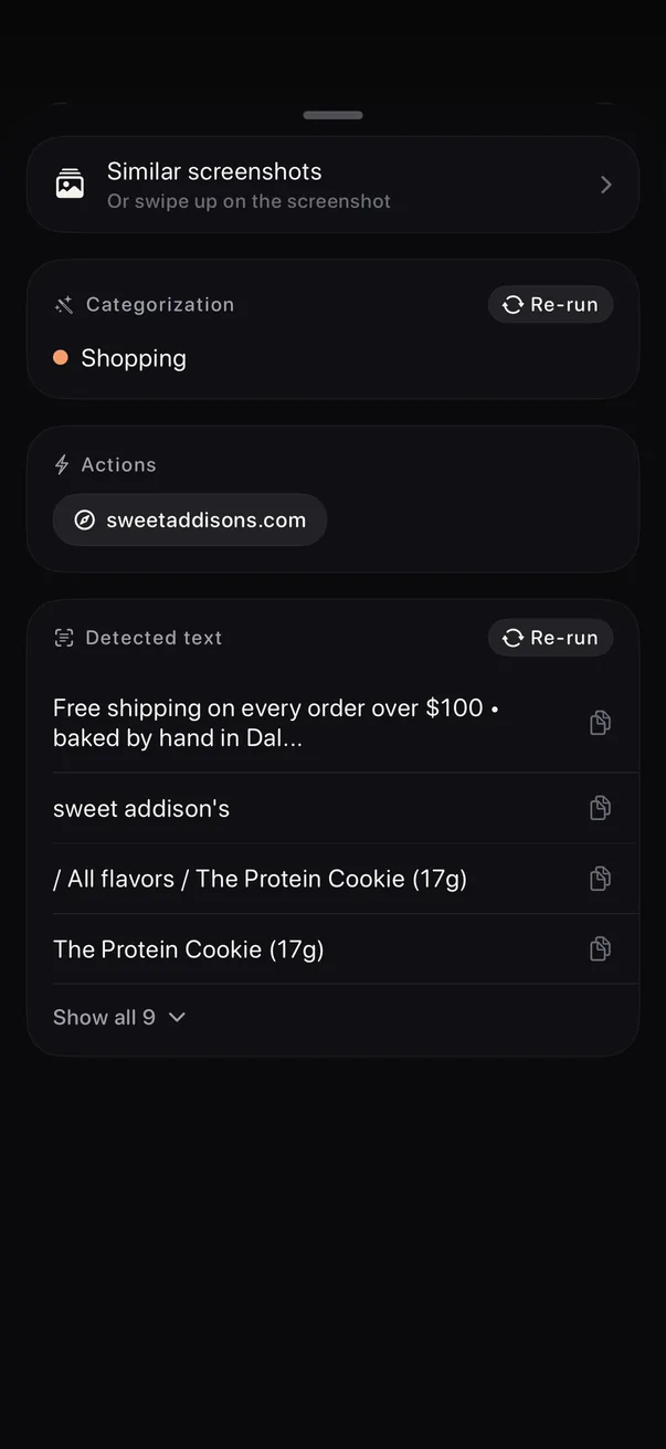 The details panel with categorization, actions and detected text