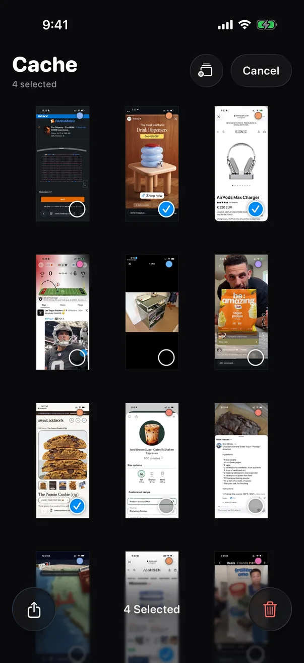 Four screenshots selected in the library