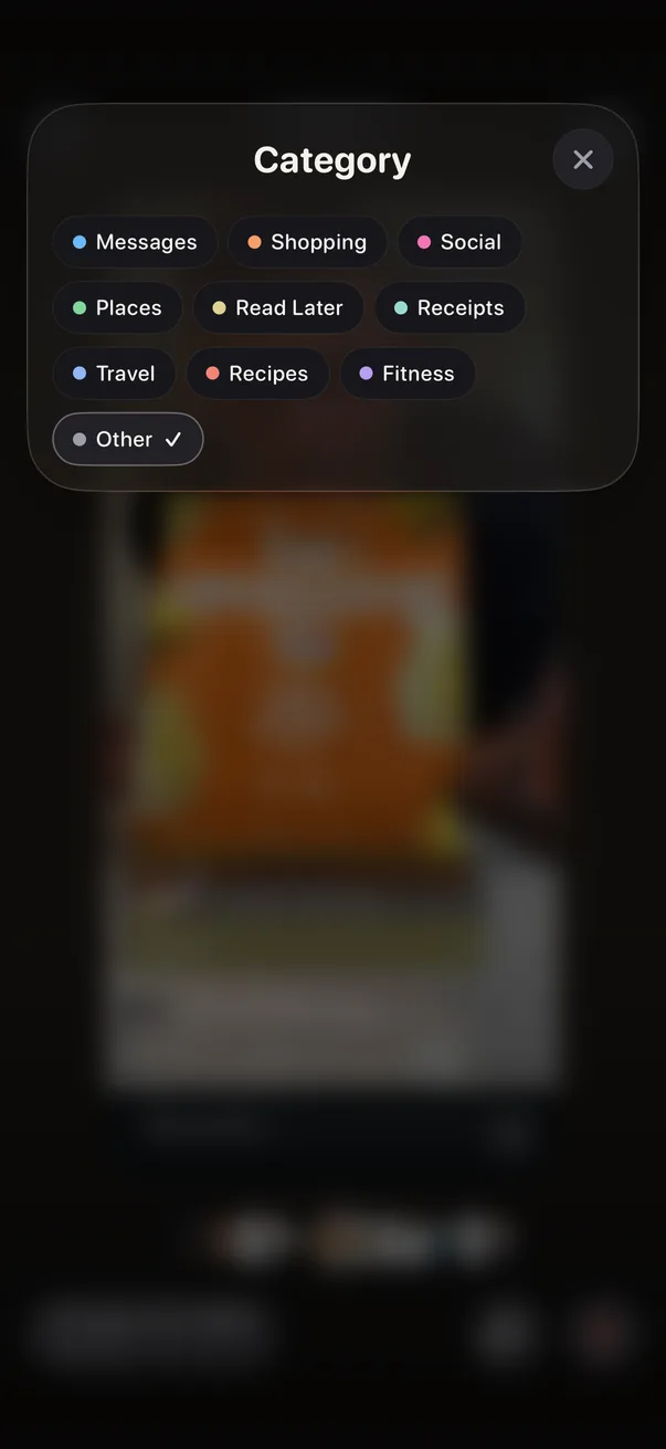 The category tray open over a screenshot